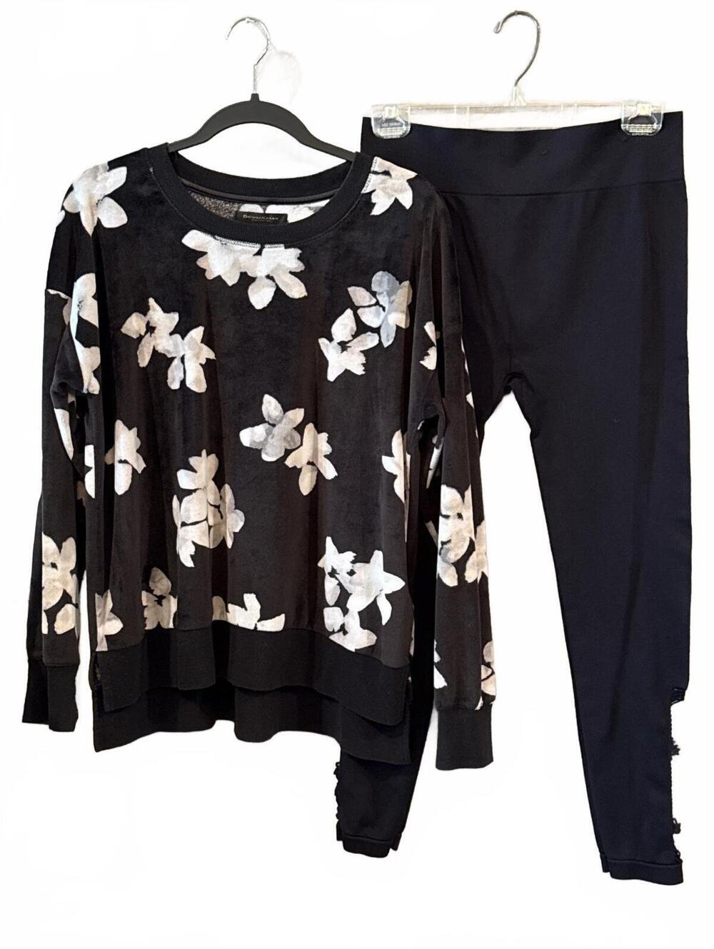 Donna Karan Black Floral Sleepwear Set with Cutout Leggings, Size M